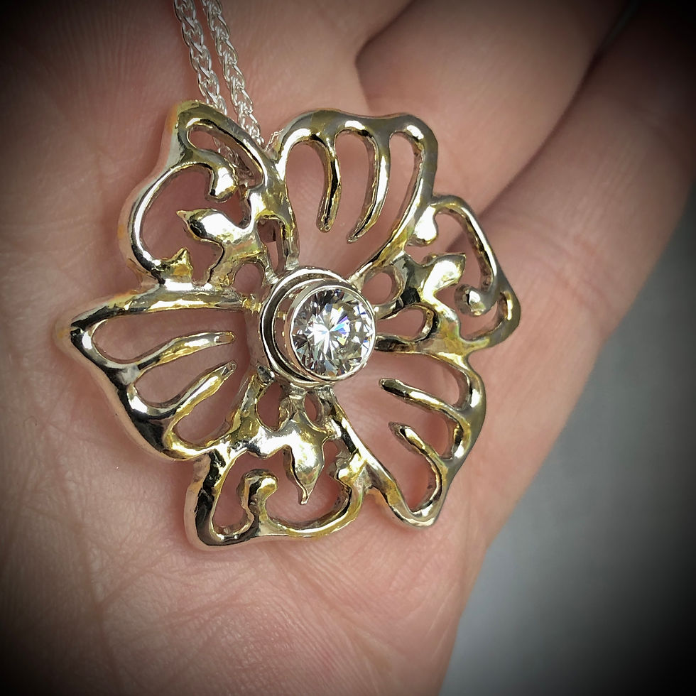 Thumbnail: Silver & Gold Hibiscus White Brillant Cut Topaz Pendant