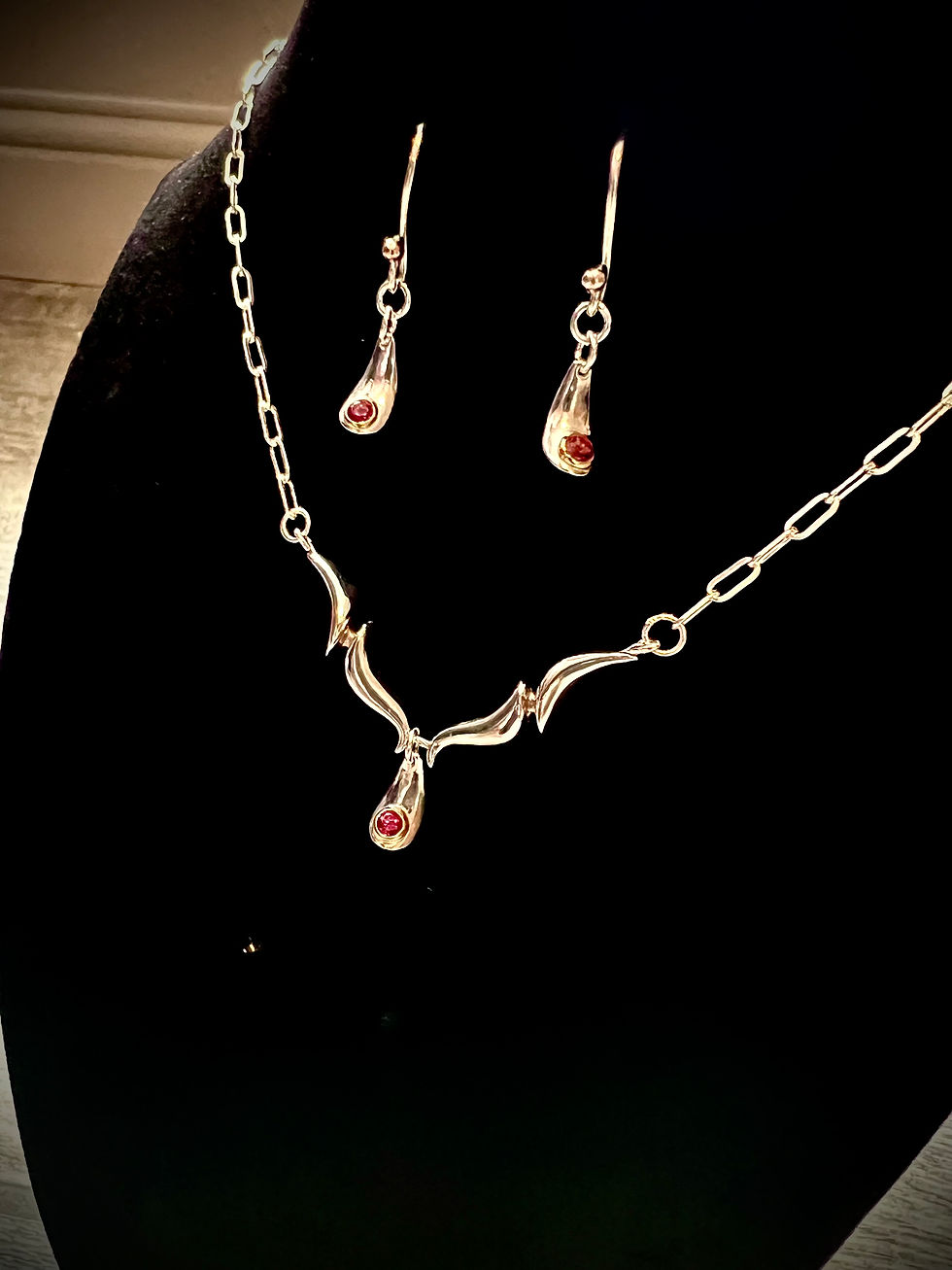 Thumbnail: Silver & Gold Custom Handmade Retro Design Fire Red Spinel Pendant & Earrings