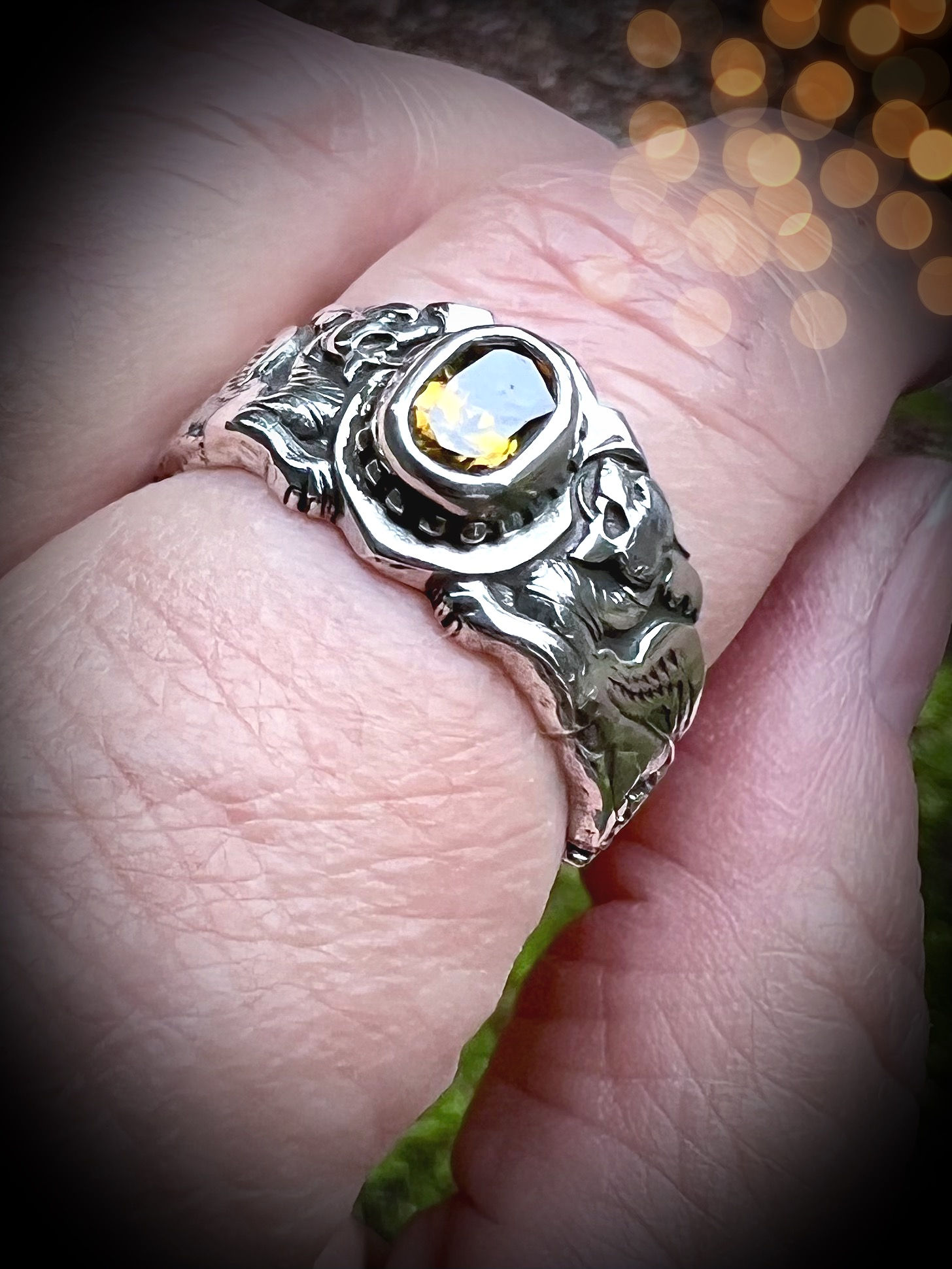 Heavy .999 Silver Mythical Griffon Sphene Gem Talisman Ring