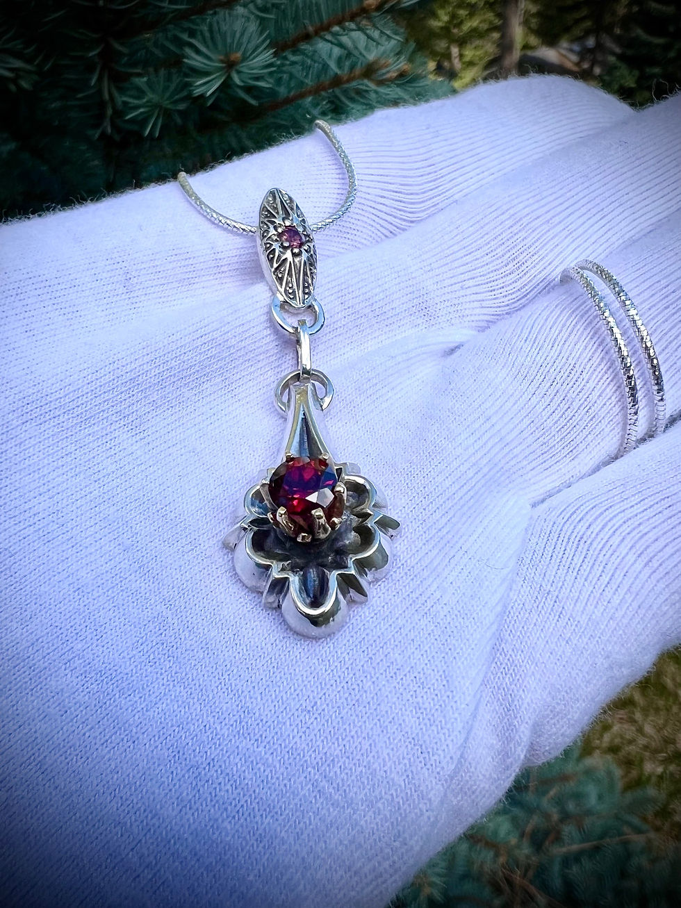 Thumbnail: Handcrafted Silver Pendants Retro Inspired Design with Garnet & Spinel Gems