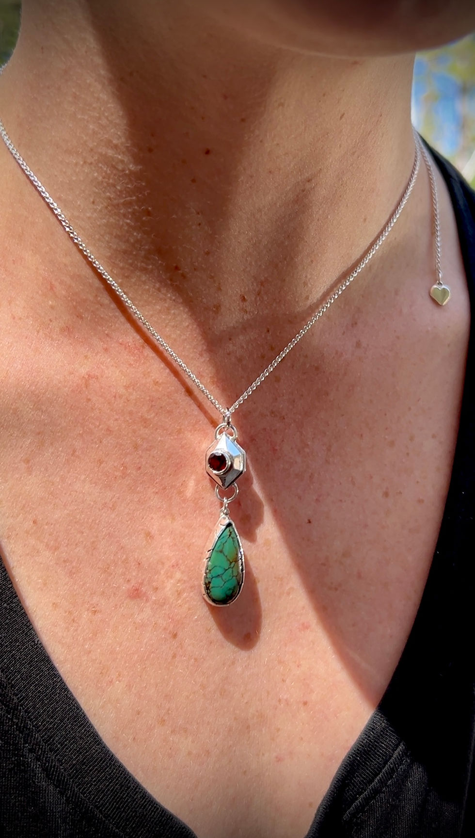 Thumbnail: Handmade Polychrome Hubei Turquoise & Garnet Pendant