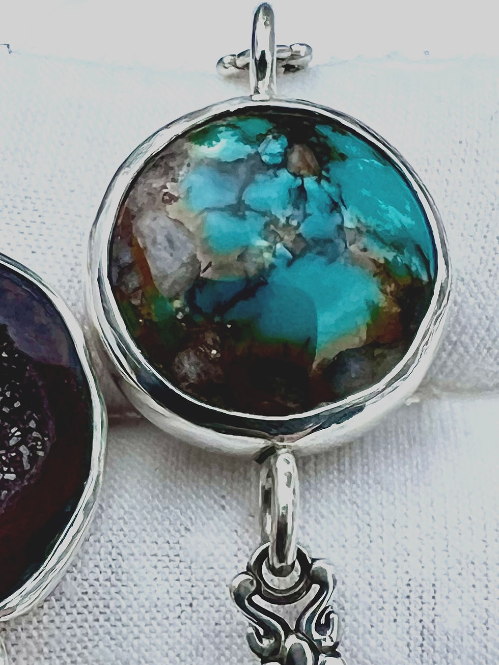 Thumbnail: Handcrafted Silver Druzy or Turquoise Bracelet Set in a Retro Design with Chain