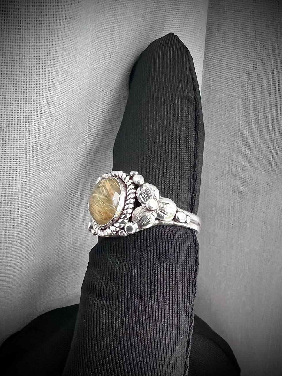 Thumbnail: Silver Indian Motif Natural Golden Rutile Ring