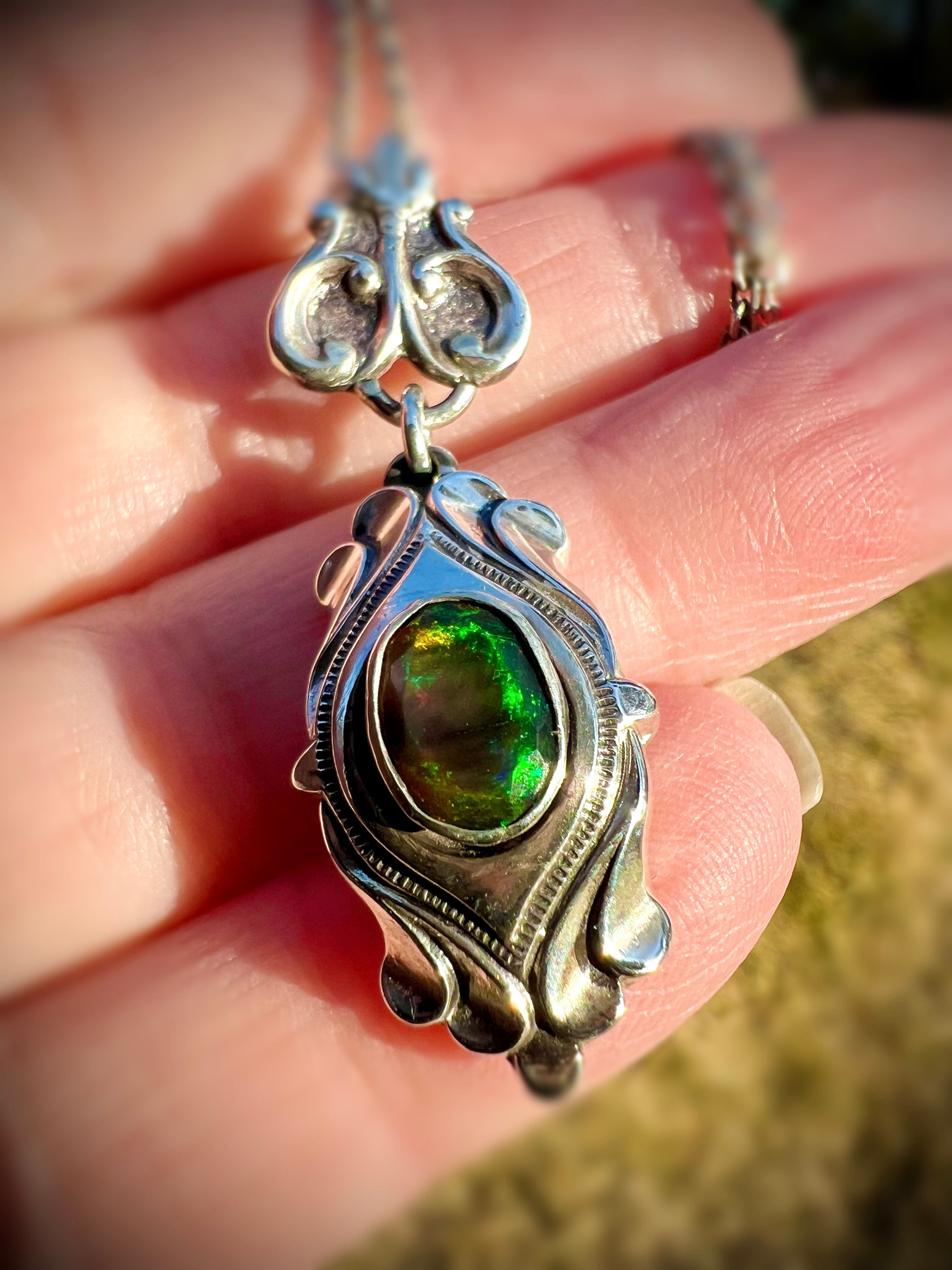 Heavy Silver Retro Australian Black Opal Pendant Made in Montana