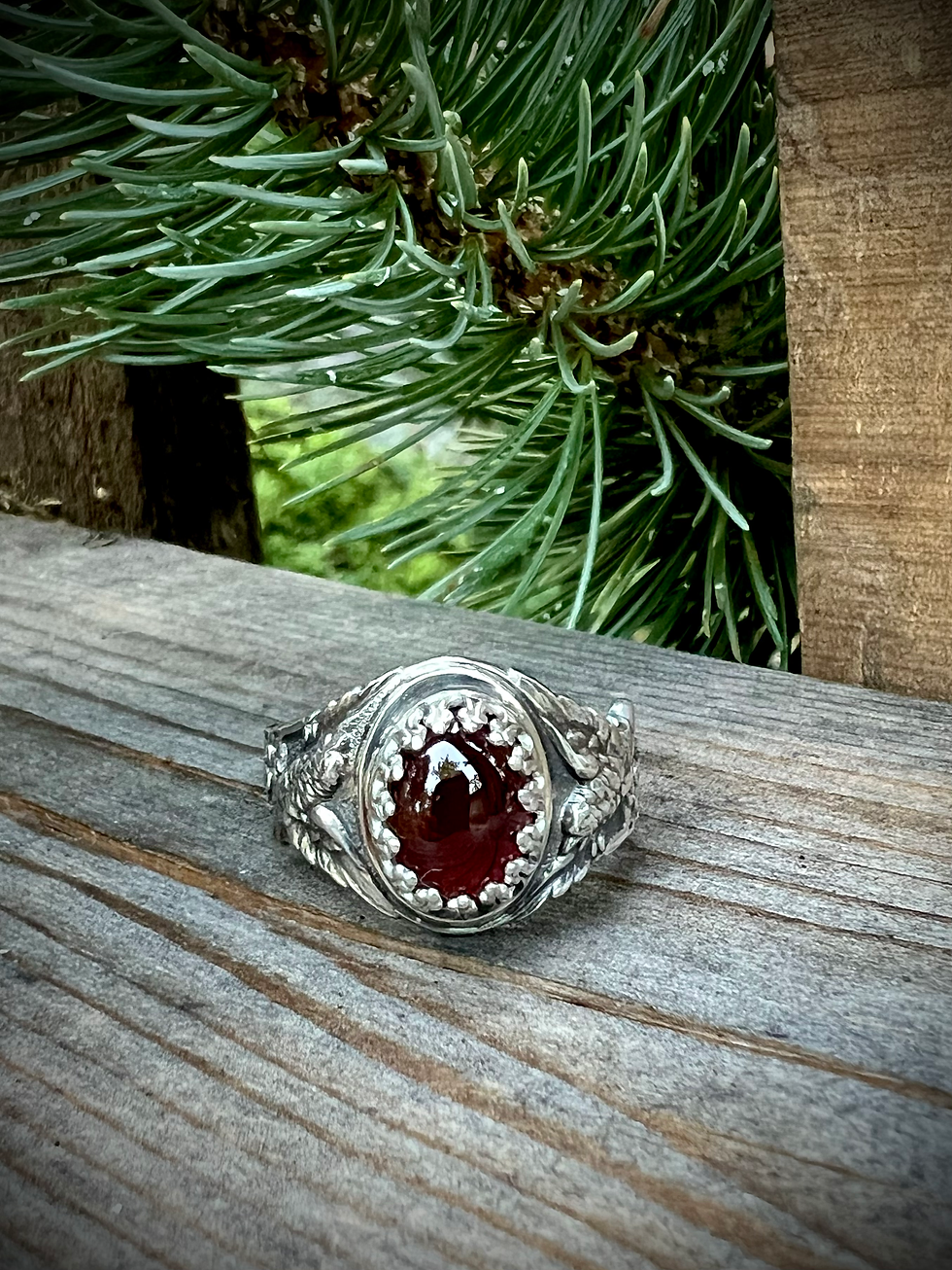 Thumbnail: Hand-forged Silver .999 Love Bird Ring Adjustable & Strong with Garnet Cabochon