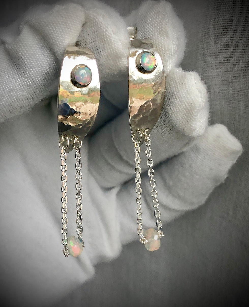 Thumbnail: Silver Hammered  Flashy Opal Earrings