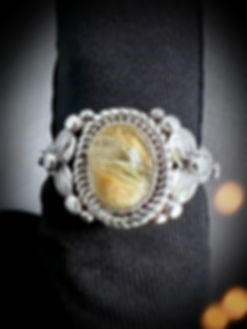 Silver Indian Motif Natural Golden Rutile Ring