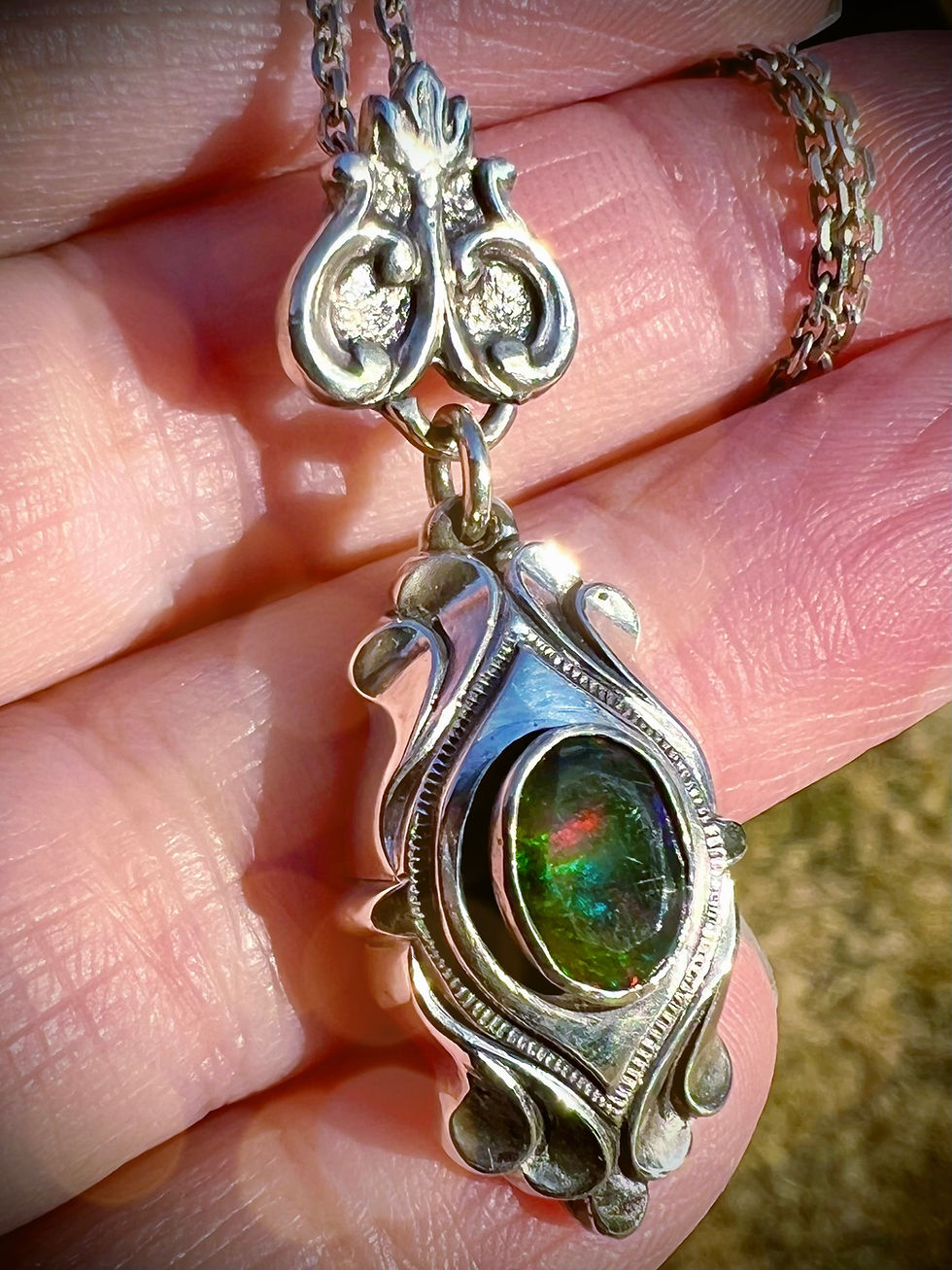 Thumbnail: Heavy Silver Retro Australian Black Opal Pendant Made in Montana