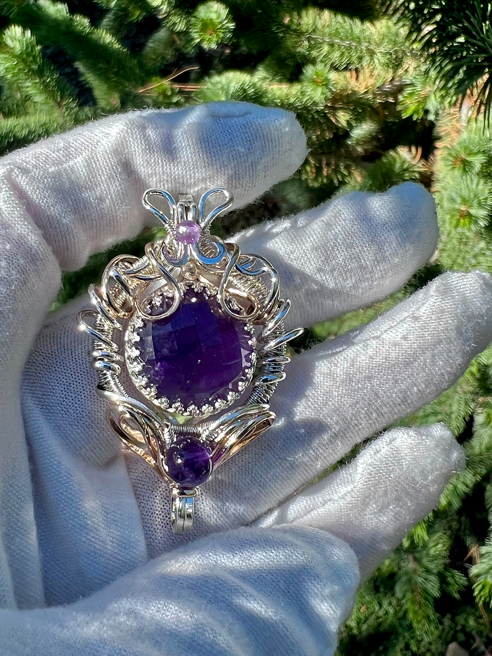 Thumbnail: Amethyst Checker Cut with Amethyst Beads in Silver and Gold Reversiable
