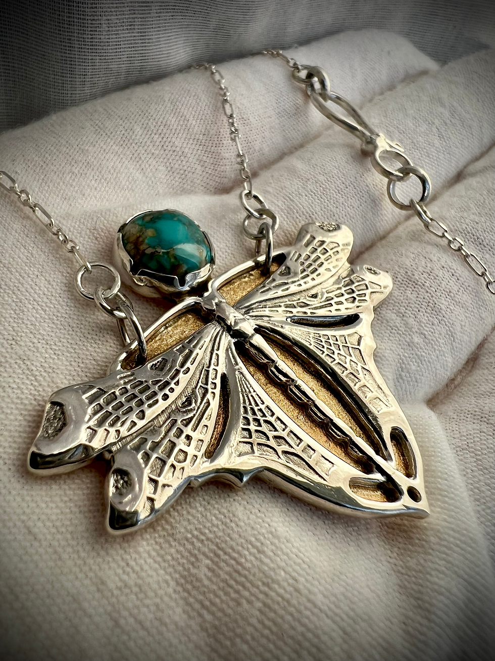Thumbnail: Handmade Silver & Jeweler's Bronze  Turquoise Dragonfly Talisman