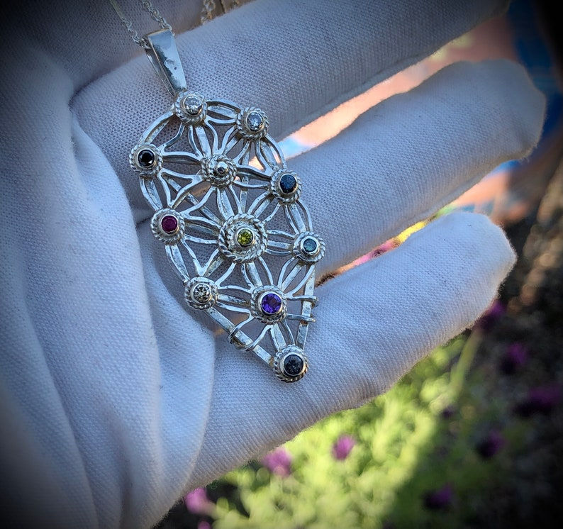 Thumbnail: Silver 6 Diamonds and Gems Flower of Life Kabbalah Amulet