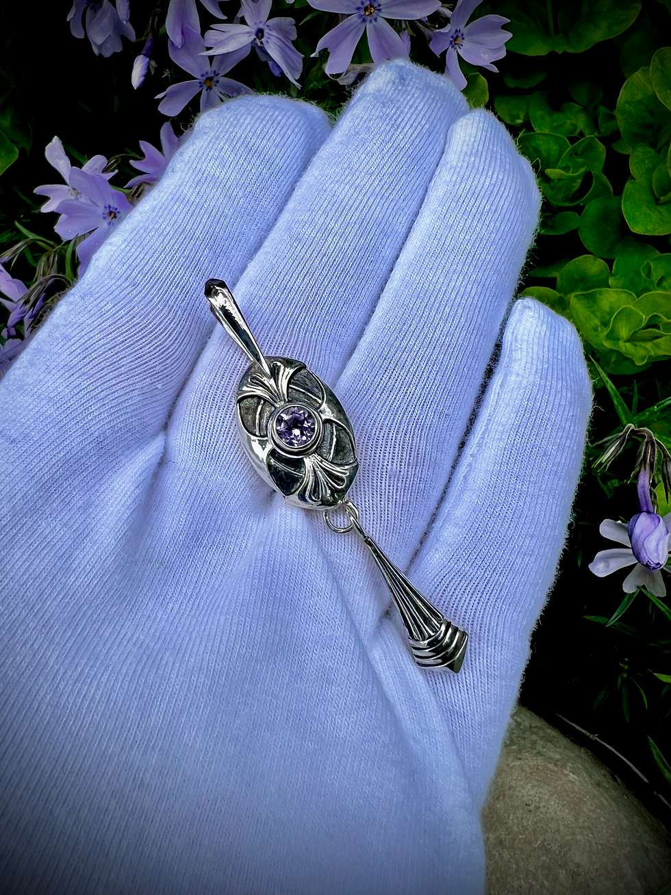 Thumbnail: Silver Handmade Pink Amethyst Pendant "Cleavage Bauble"