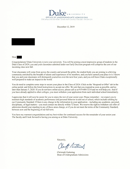 Duke University Acceptance Letter