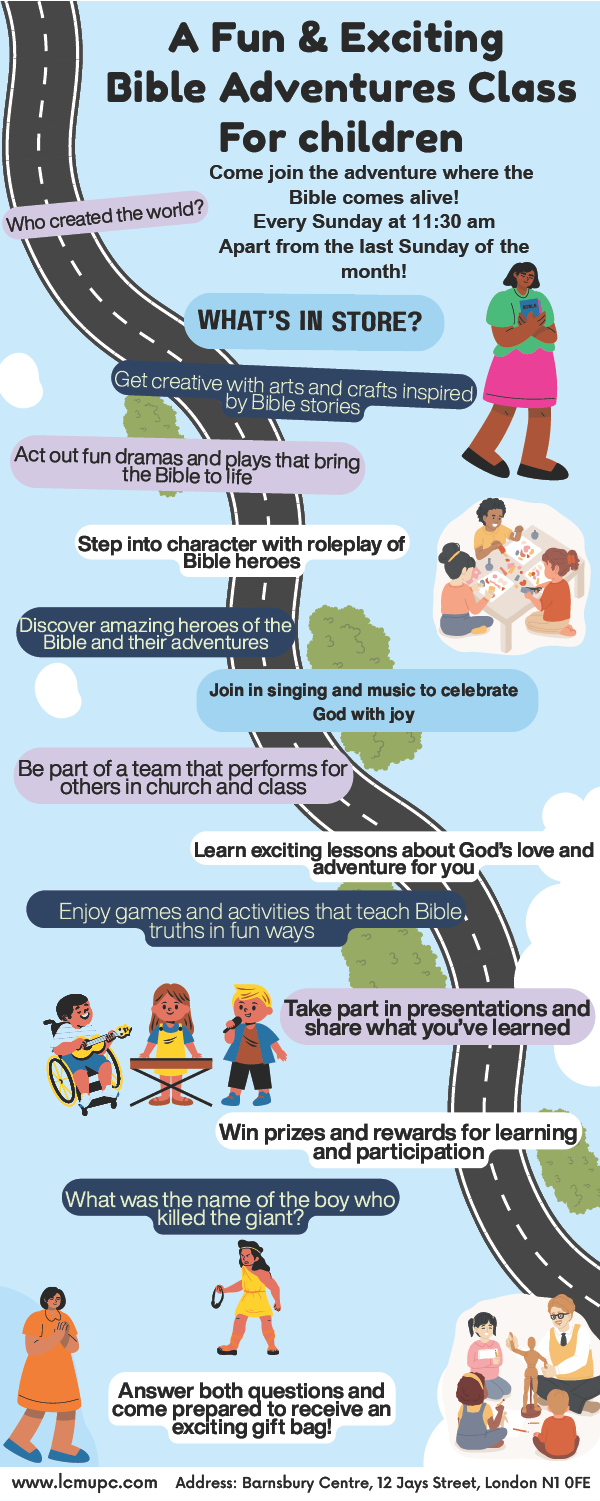 Children's Bible Adventures Class flyer with activities