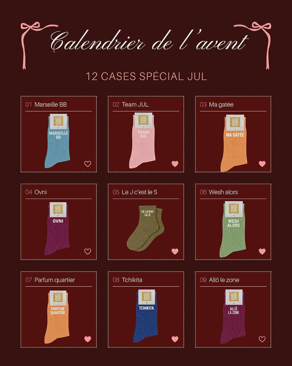 **Texte alternatif SEO :** **Calendrier de l’Avent chaussettes JUL avec 12 paires à paillettes aux messages inspirés de l’uni