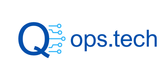 Q-ops.tech logo displayed a caps blue Q letter with circuit board in blue and the text ops.tech