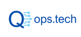 Q-ops.tech logo displayed a caps blue Q letter with circuit board in blue and the text ops.tech
