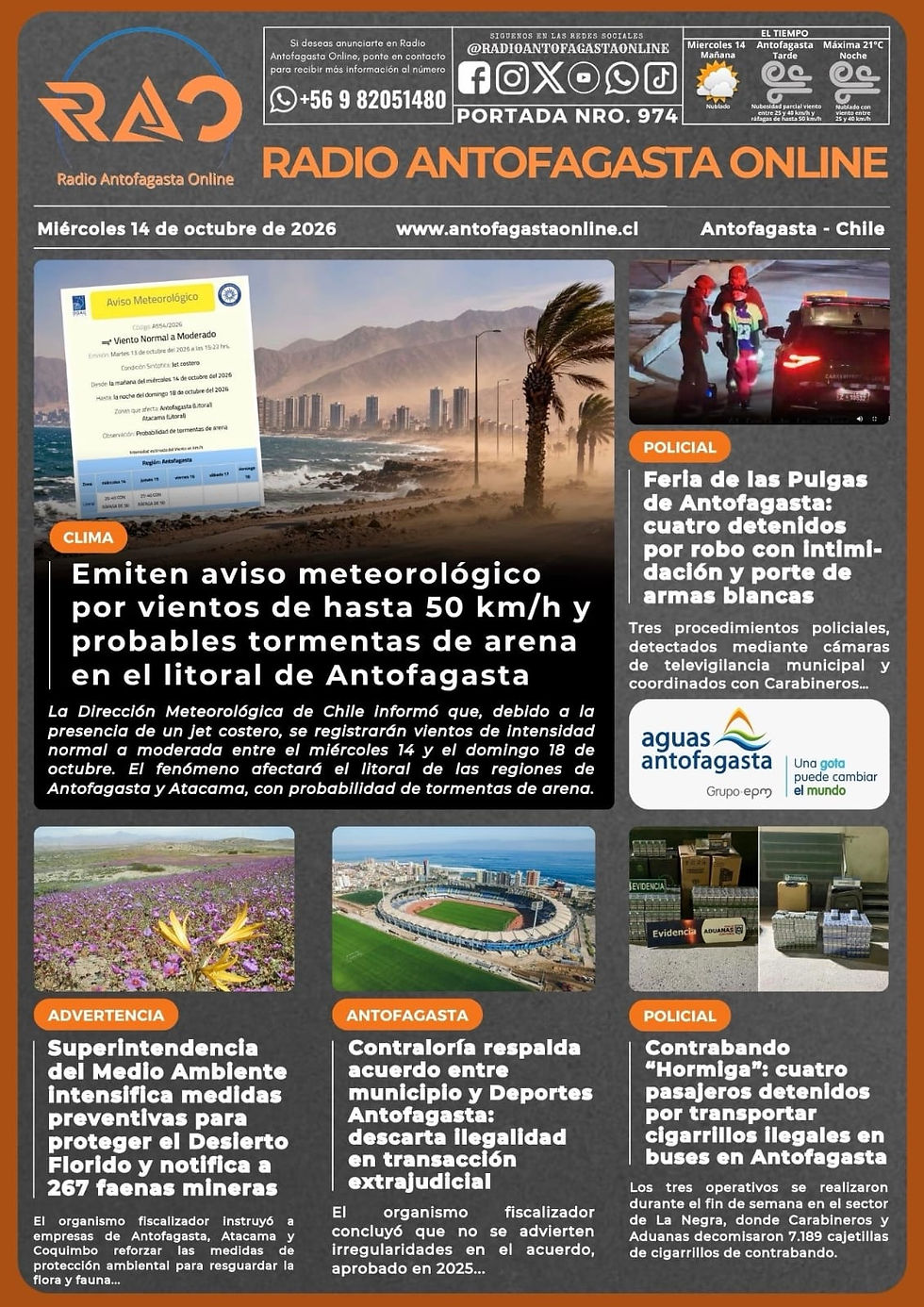 Portada N°974 de Radio Antofagasta Online para hoy miércoles 14 de octubre de 2026