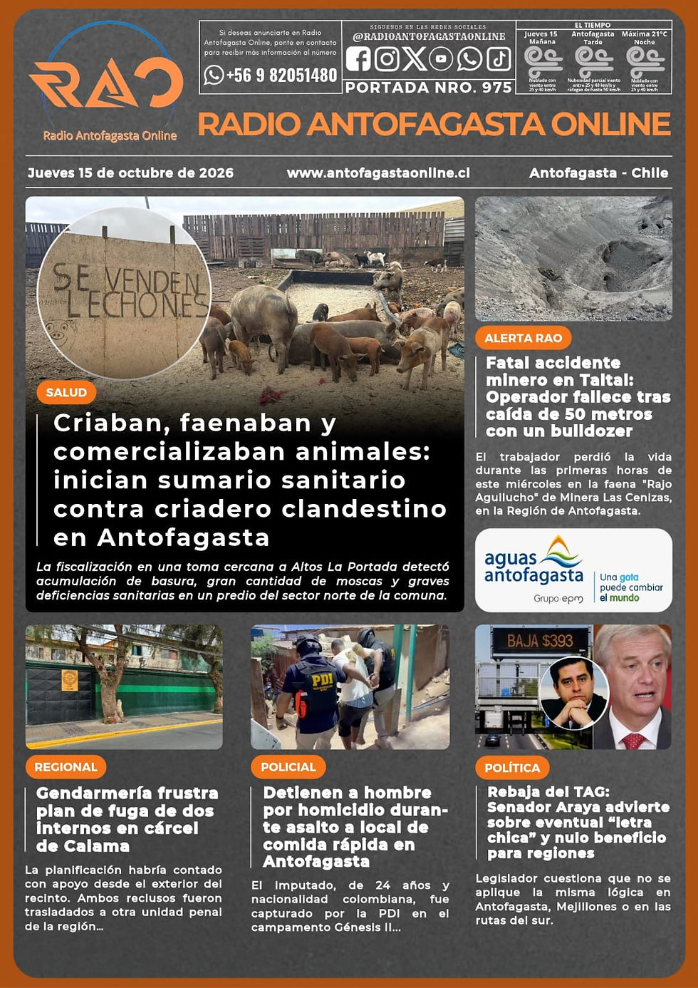 Portada N°975 de Radio Antofagasta Online para hoy jueves 15 de octubre de 2026