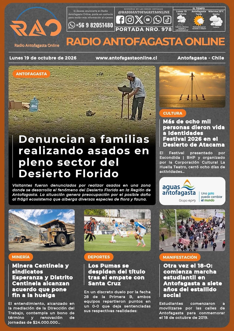 Portada N°978 de Radio Antofagasta Online para hoy lunes 19 de octubre de 2026