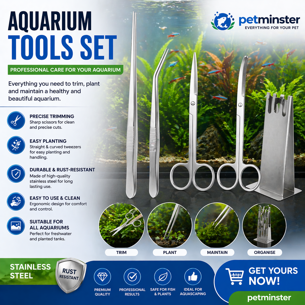 Aquarium Plant Tools Set – Stainless Steel Scissors & Tweezers
