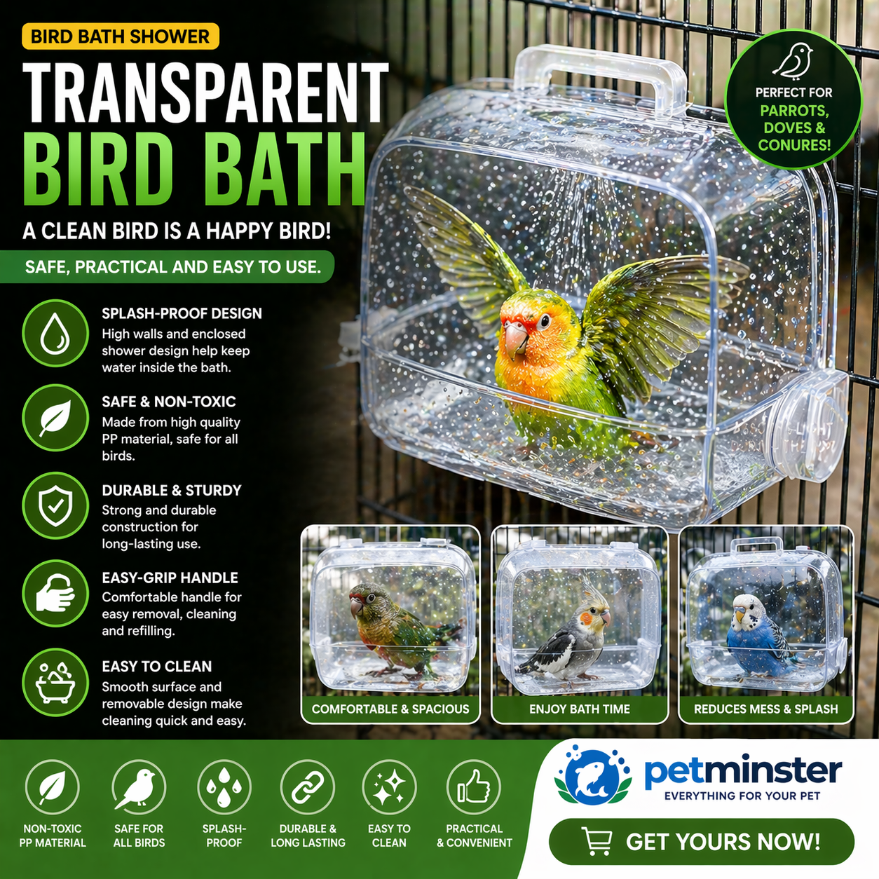 Transparent Bird Bath – Splash-Proof Shower with Handle for Parrots & Small Bird