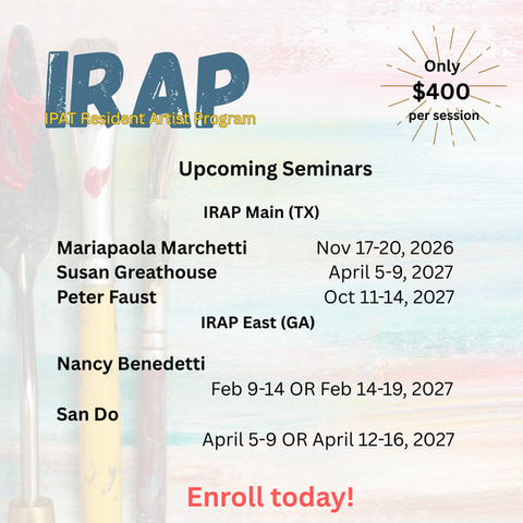 A poster showing upcoming classes with faint painting supplies in the background
