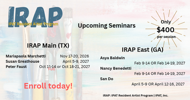 A poster showing upcoming classes with faint painting supplies in the background