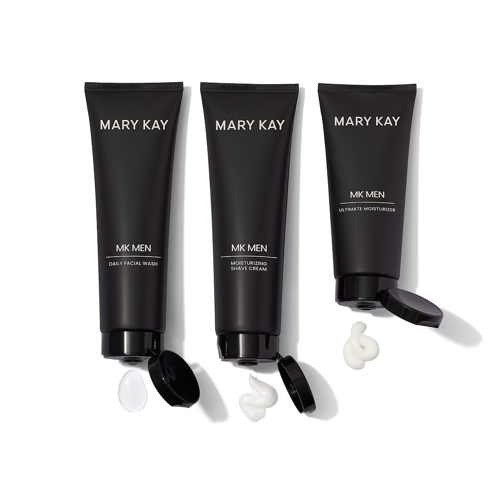 Three black tubes labeled "MARY KAY MK MEN" with open caps and product samples in front. Texts: Daily Facial Wash, Shave Cream, Moisturizer.