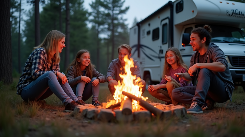Eye-level view of a family enjoying a campfire near their RV