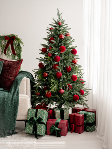 Full Christmas tree surrounded by red and green wrapped gifts.