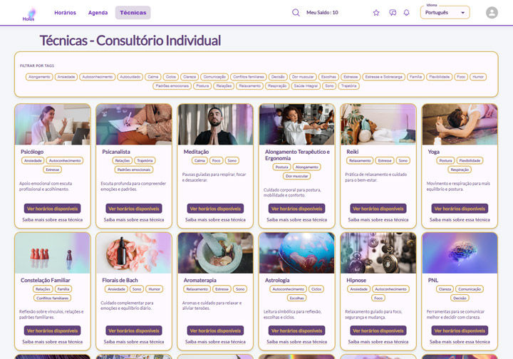 plataforma holos, tela de técnicas do consultório individual