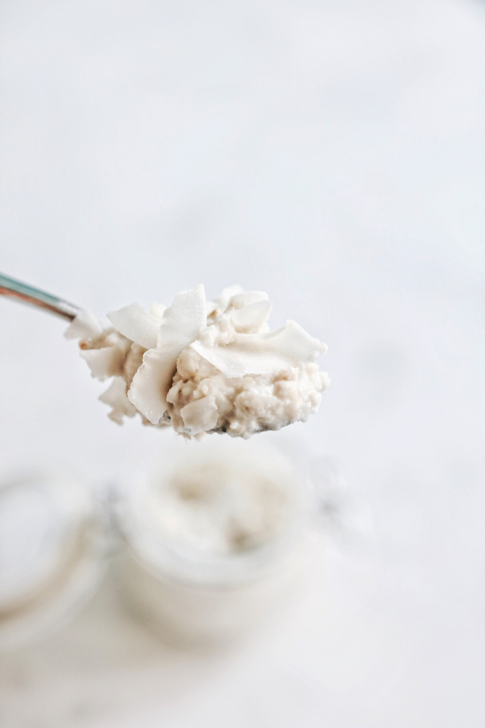 Close up view of gluten free vegan overnight oats with coconut.