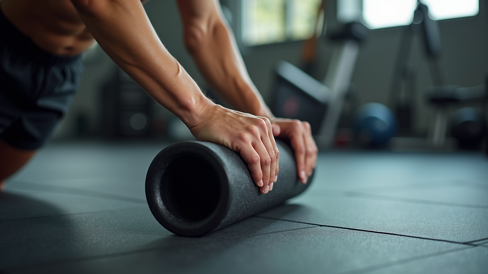 Close-up view of an athlete using a foam roller for muscle recovery