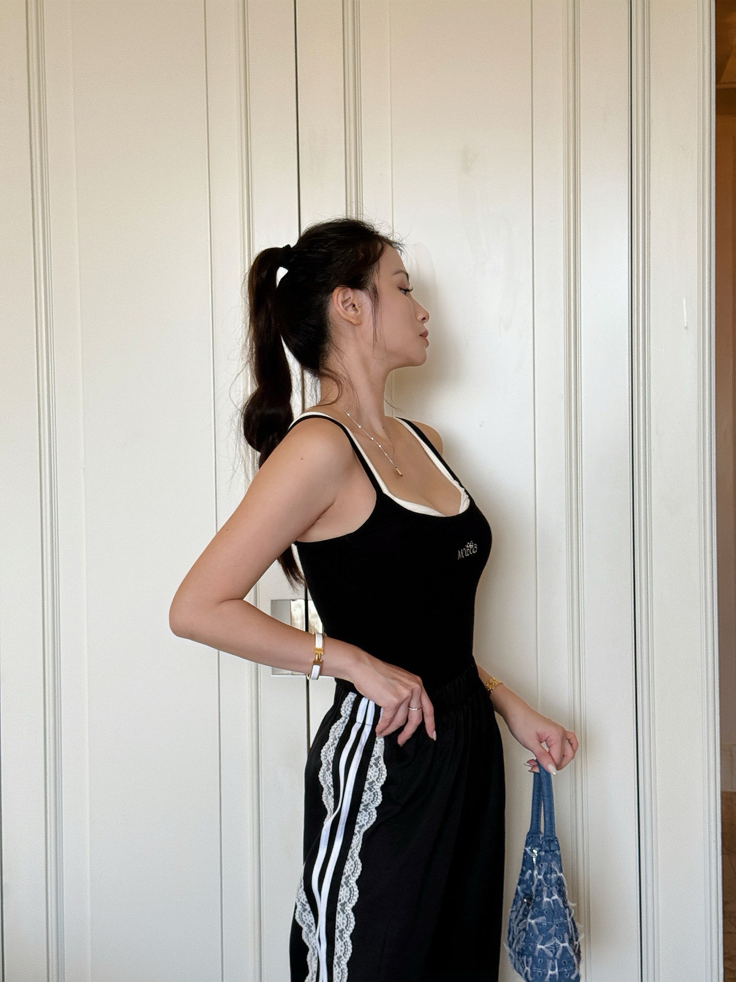 美式复古假两件细带上衣