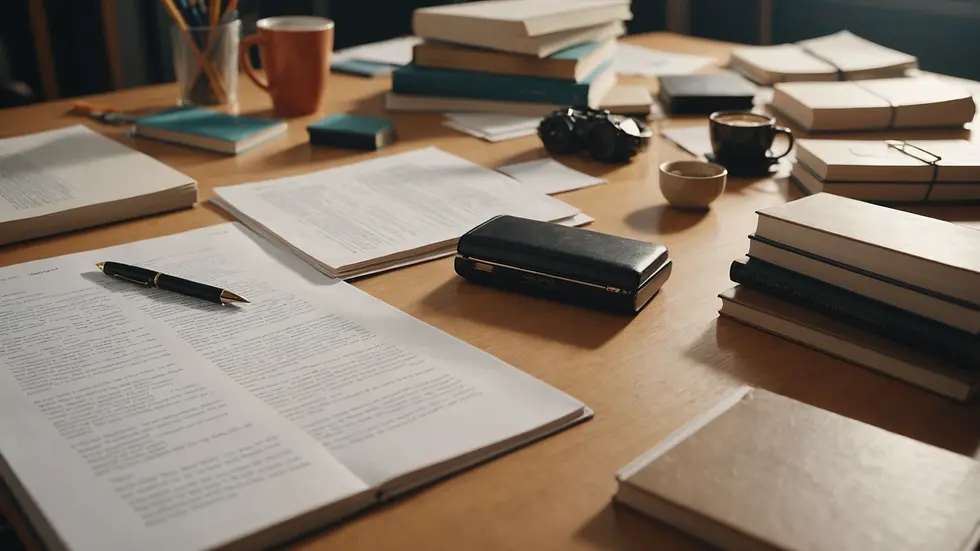 Eye-level view of a cluttered desk with scattered papers and books