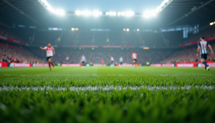 Augenhöhe Blick auf das Spielfeld während eines Bundesliga-Spiels mit Spielern in Aktion