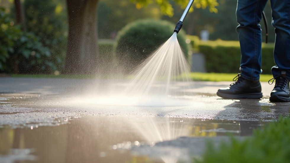 Close-up view of pressure washing a concrete driveway