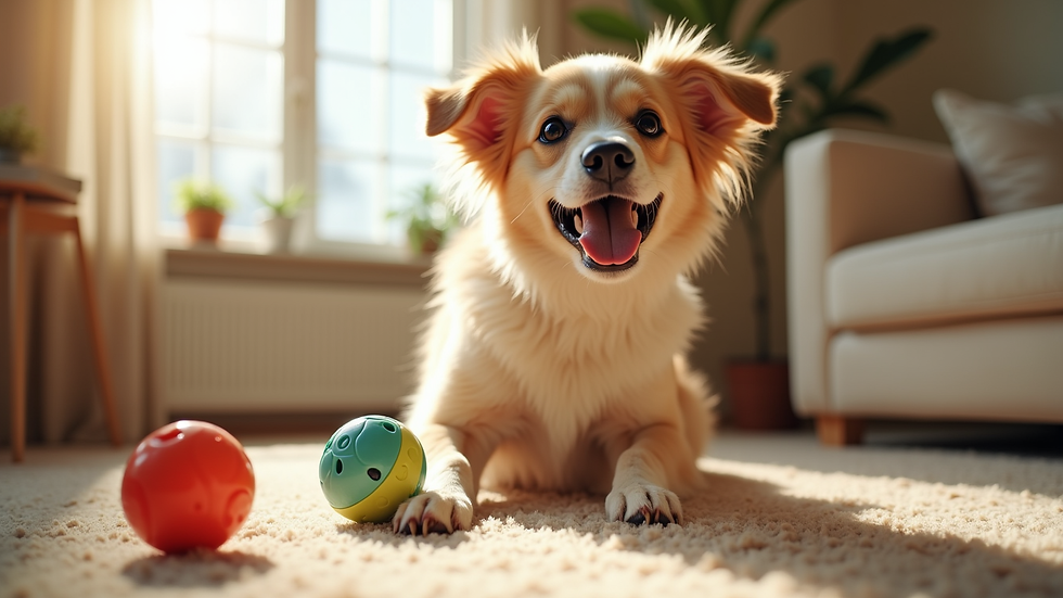High angle view of a happy dog playing with affordable toys in a sunny room