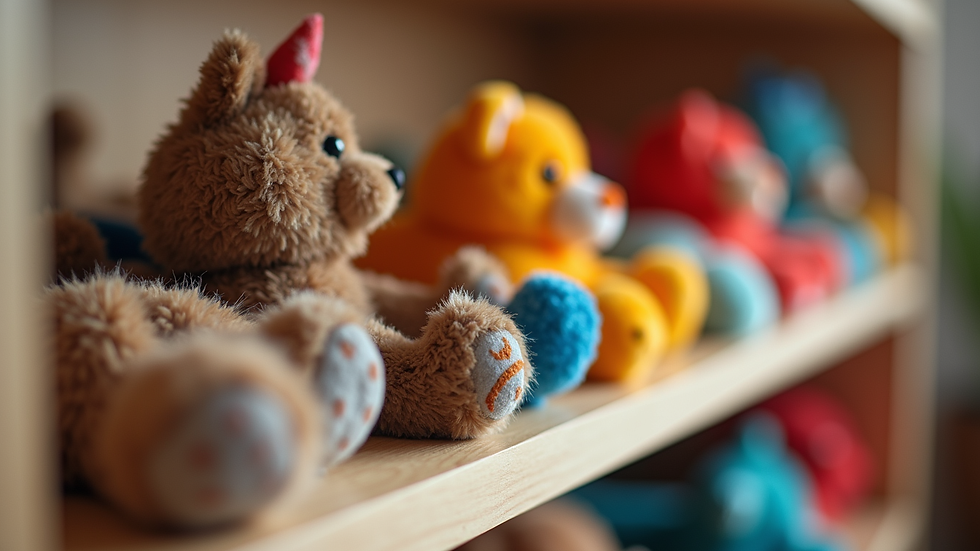 Eye-level view of colorful pet toys arranged neatly on a shelf