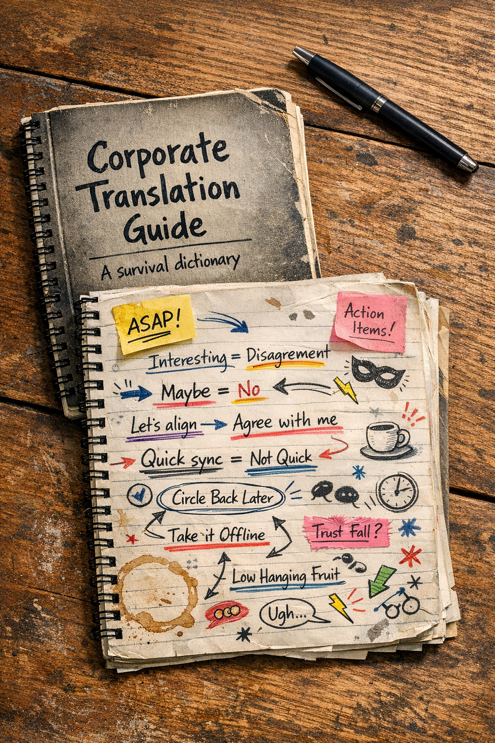 Birdโs eye view of a slightly worn spiral notebook on a wooden meeting table with a pen beside it. The cover reads โCorporate Translation Guideโ with the subtitle โA survival dictionary.โ The open page shows messy handwritten corporate phrases such as โInteresting = disagreementโ and โMaybe = no,โ surrounded by arrows, doodles, sticky notes, coffee stains, and colorful highlighter marks in blue, black, red, green, yellow, and pink ink.