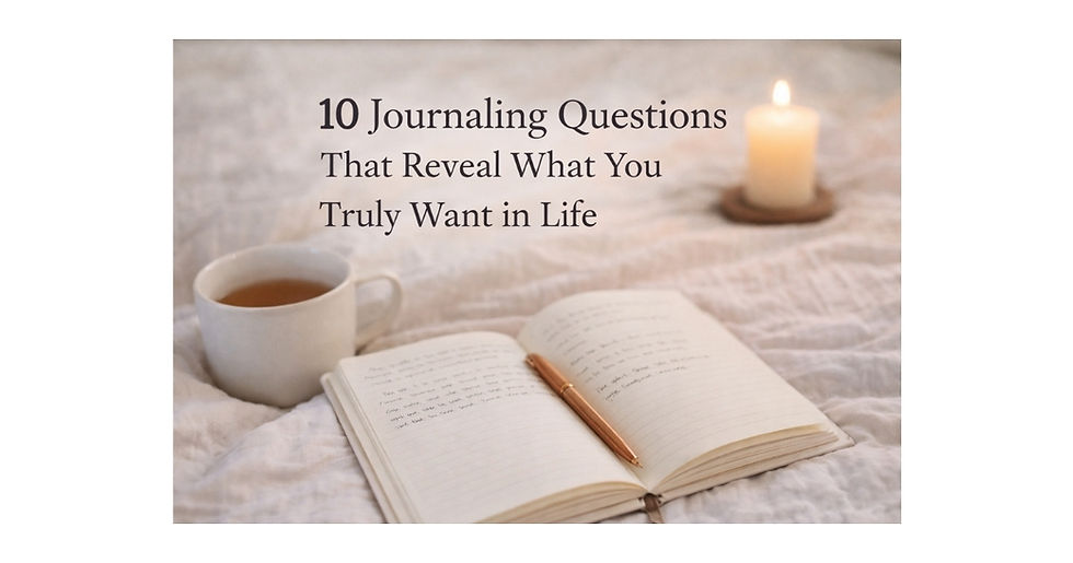 Open journal with pen, tea, and candle in a cozy setting with the title “10 Journaling Questions That Reveal What You Truly Want in Life,” representing journaling prompts for self-discovery and life clarity.