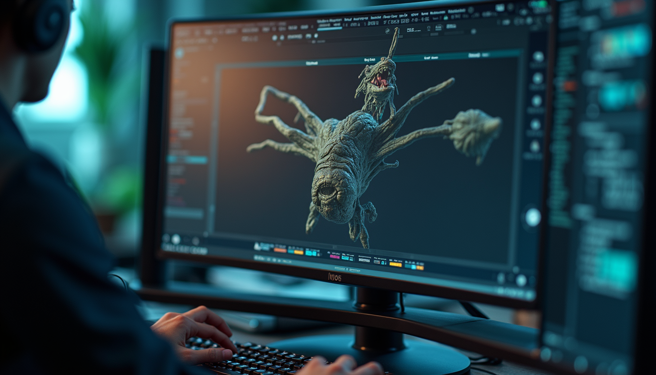 Close-up view of a 3D creature rigging interface on a computer screen