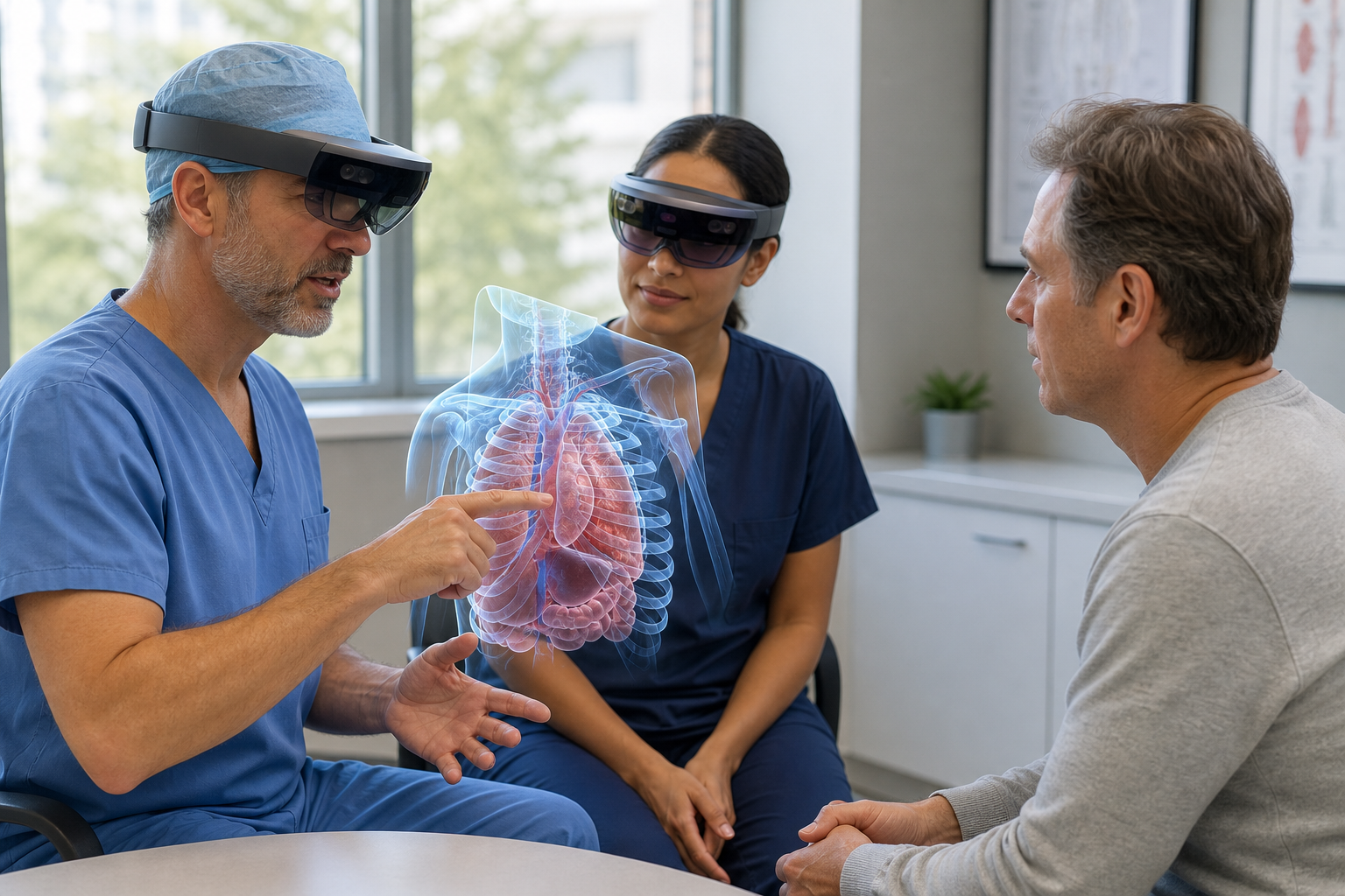 Surgeon and nurse explaining a procedure to a patient with mixed reality anatomy visualization