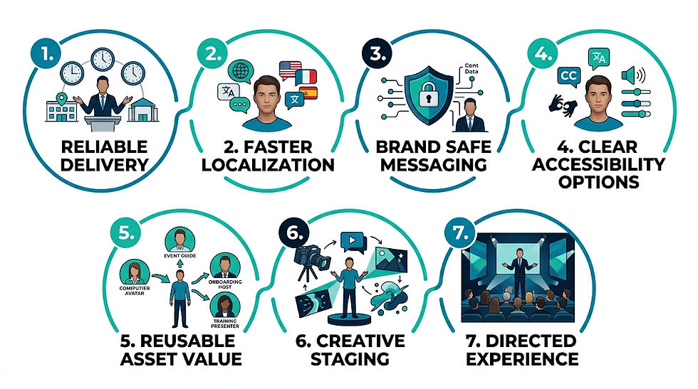 Infographic with 7 sections: Reliable Delivery, Faster Localization, Brand Safe Messaging, Clear Accessibility, Reusable Asset, Creative Staging, Directed Experience.