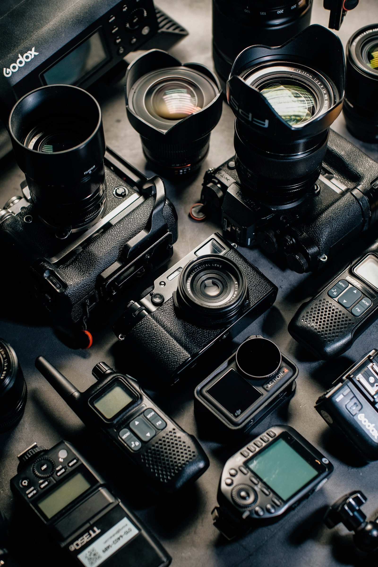 Camera equipment assembled for a professional advertising production