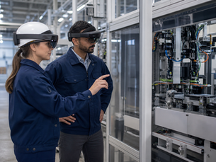Industrial technicians using mixed reality during a production line changeover training session