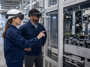 Industrial technicians using mixed reality during a production line changeover training session