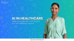 Smiling person in scrubs with blue-green tech-themed background. Text: "AI in Healthcare: Applications, Benefits, Future."
