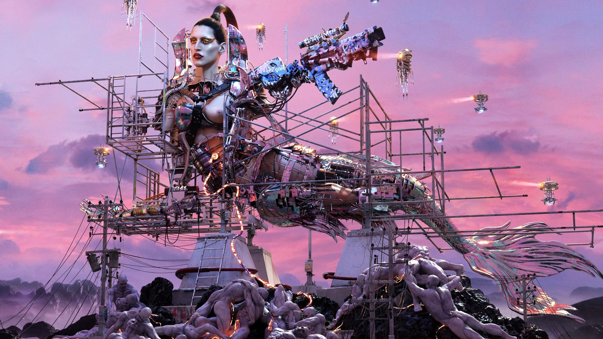 Arca digital character within a surreal constructed music-video scene